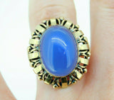 14k Yellow Gold Large Retro Blue Genuine Natural Chalcedony Ring (#J5101)