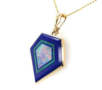 14k Yellow Gold Genuine Natural Opal Intarsia Inlay Pendant with Lapis (#J5581)