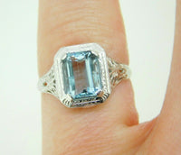 Art Deco 10K White Gold Filigree 1.34ct Genuine Natural Aquamarine Ring (#J4520)