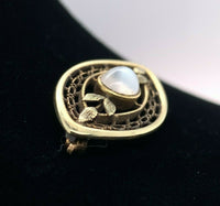 14k Yellow Gold Victorian Genuine Natura Moonstone Pin w/Applied Leaves (#J5472)