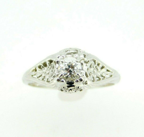 Art Deco 18k White Gold Genuine Natural Diamond Filigree Ring .36ct (#J865)