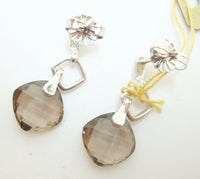 14K Gold Checkerboard Genuine Natural Smoky Quartz Earrings (#J2398)