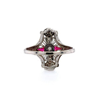 14k White Gold Art Deco Diamond and Ruby Filigree Ring (#J5605)