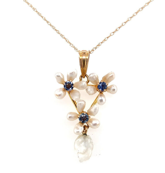 14k Yellow Gold Freshwater River Pearl and Sapphire Lavaliere Jewelry (#J5696)