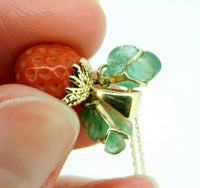 14k Gold Coral Strawberry Pendant Carved Emerald Leaves (#J4446)