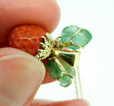 14k Gold Coral Strawberry Pendant Carved Emerald Leaves (#J4446)