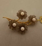 14K Gold Pin with Smoky Quartz Carved Flowers and Pearls (#J454)