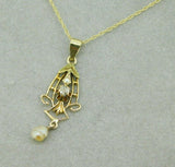 10k Yellow Gold Diamond and Pearl Lavaliere Pendant (#J4819)