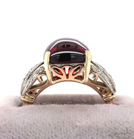 14k Yellow Gold 10.35ct Cabochon Genuine Natural Garnet Ring w/Diamonds (#J5758)