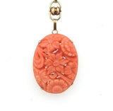 Art Deco Yellow Gold 14k Carved Genuine Natural Coral Necklace (#J5457)