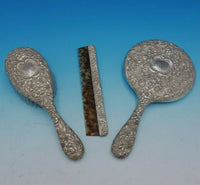 Rose by Stieff Sterling Silver Dresser Set 3pc Mirror Brush Comb Repousse #4402