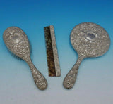 Rose by Stieff Sterling Silver Dresser Set 3pc Mirror Brush Comb Repousse #4402