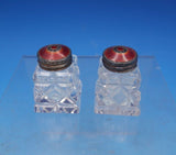 Norwegian Sterling Silver Glass Salt Pepper Shaker Set 2pc w/ Red Enamel (#6895)