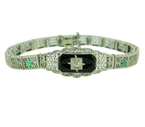 10k White Gold Filigree Onyx Diamond Bracelet (#J4606)
