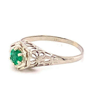 Art Deco 18k White Gold Filigree .24ct Genuine Natural Emerald Ring (#J4824)