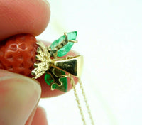 14k Yellow Gold Coral Strawberry Pendant Carved Emerald Leaves (#J4444)