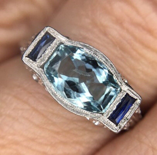 18k White Gold Aquamarine and Synthetic Sapphire Filigree Deco Ring (#5284)