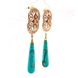 10k Yellow Gold Genuine Natural Turquoise Briolette Drop Earrings (#J5599)
