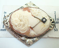 Art Deco 14k Gold Filigree Genuine Natural Shell Cameo and Diamond Pin (#J2942)