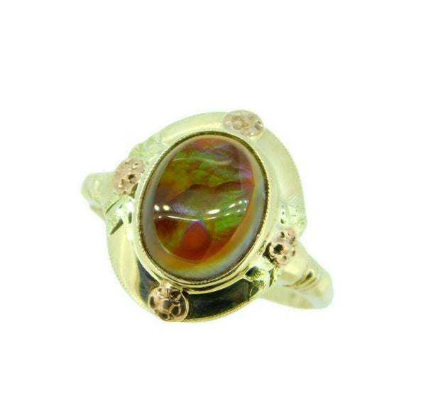 10k Yellow Gold Fire Genuine Natural Agate Ring with Rose Gold Flowers (#J4645)