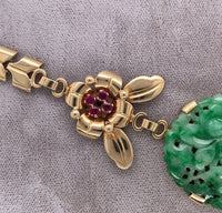 14k Yellow Gold Retro Jadeite Jade and Ruby Necklace with GIA Report (#J5666)