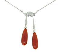 18k White Gold Double Genuine Natural Coral Briolette Drop Necklace (#J4718)