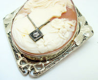 Art Deco 14k Gold Filigree Genuine Natural Shell Cameo and Diamond Pin (#J2942)