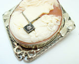 Art Deco 14k Gold Filigree Genuine Natural Shell Cameo and Diamond Pin (#J2942)