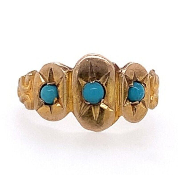 3-Stone 10k Yellow Gold Baby Ring with Turquoise Glass Infant Jewelry (#J5965)