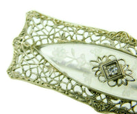 Deco 14k White Gold Filigree Genuine Natural Carved Rock Crystal Pin (#J4747)