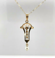 10k Yellow Gold Victorian Diamond and Pearl Lavaliere Pendant (#J5498)
