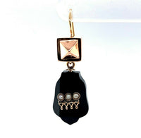 14k Rose Gold Victorian Black Onyx and Pearl Drop Earrings (#J5493)