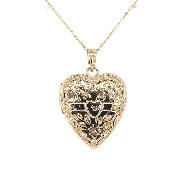 10k Yellow Gold Engraved Floral Heart Locket Vintage Jewelry (#J5661)