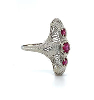 18k White Gold Art Deco Long Filigree Genuine Natural Ruby Ring (#J5651)