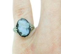 Art Deco 10k White Gold Filigree Genuine Natural Hard Stone Cameo Ring (#J2557)