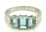 14k White Gold Three Stone Genuine Natural Aquamarine and Diamond Ring (#J279)