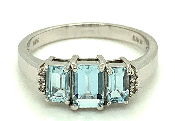 14k White Gold Three Stone Genuine Natural Aquamarine and Diamond Ring (#J279)