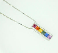 14k White Gold Princess Cut Rainbow Sapphire and Diamond Pendant (#J4447)