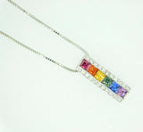 14k White Gold Princess Cut Rainbow Sapphire and Diamond Pendant (#J4447)