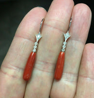 18k White Gold 7 Carat Ox Blood Genuine Natural Coral Briolette Earrings (#5290)