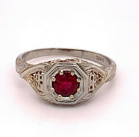 Filigree 18k White Gold Art Deco .52ct Genuine Natural Ruby Ring (#J4841)