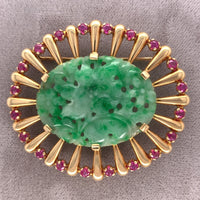 14k Yellow Gold Retro Jadeite Jade and Ruby Pin with GIA Report (#J5665)