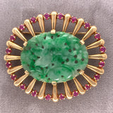 14k Yellow Gold Retro Jadeite Jade and Ruby Pin with GIA Report (#J5665)