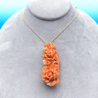 14k Yellow Gold XL Carved Genuine Natural Coral Pin Pendant Flowers (#J6178)