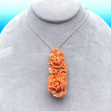 14k Yellow Gold XL Carved Genuine Natural Coral Pin Pendant Flowers (#J6178)