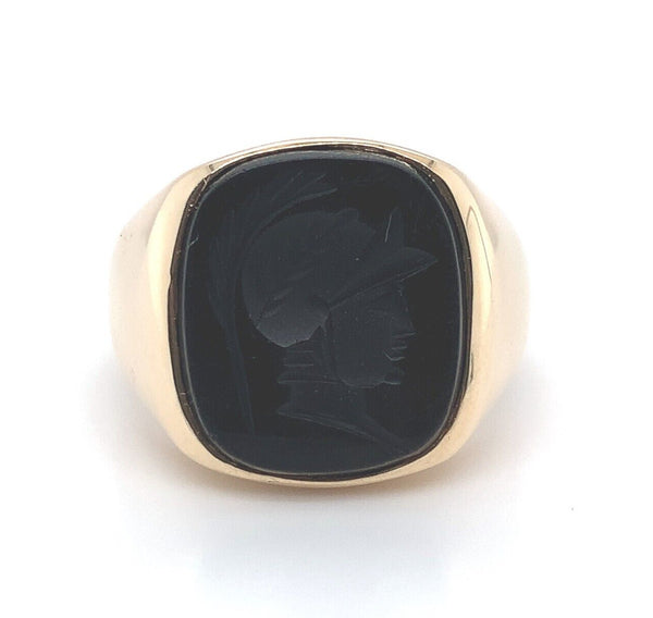 10k Yellow Gold Warrior Intaglio Genuine Natural Black Onyx Men's Ring (#J5832)
