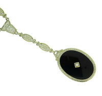 Deco 14k White Gold Filigree Genuine Natural Black Onyx Necklace (#J4671)