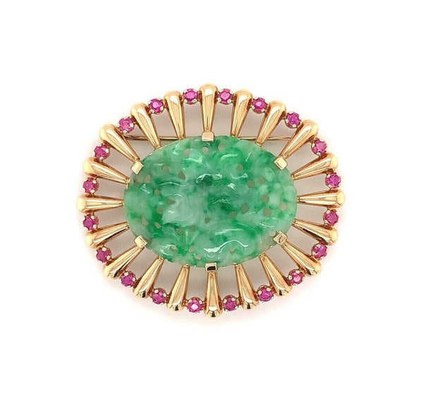 14k Yellow Gold Retro Jadeite Jade and Ruby Pin with GIA Report (#J5665)