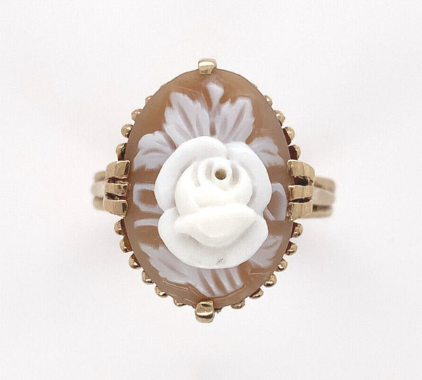 10k Yellow Gold Genuine Natural Shell Cameo Ring Carved with a Rose (#J6216)