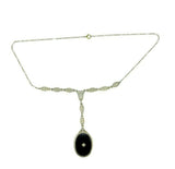 Deco 14k White Gold Filigree Genuine Natural Black Onyx Necklace (#J4671)